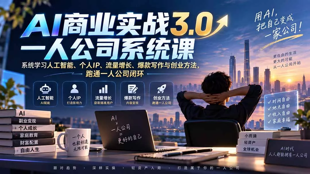 AI商业实战3.0一人公司系统课：系统学习人工智能、个人IP、流量增长、爆款写作与创业方法，跑通一人公司闭环网创项目-知识付费-在线课程-自媒体创业-网络副业-优利资源优利资源网