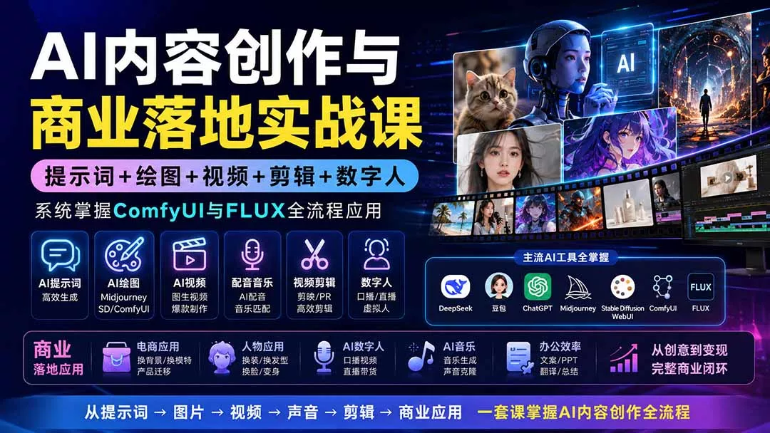 AI内容创作与商业落地实战课：提示词+绘图+视频+剪辑+数字人，系统掌握ComfyUI与FLUX全流程应用网创项目-知识付费-在线课程-自媒体创业-网络副业-优利资源优利资源网