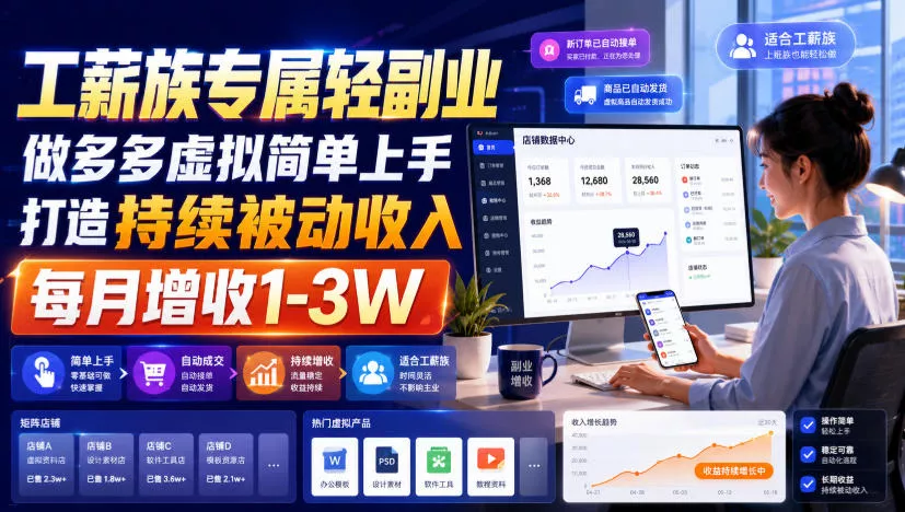 工薪族专属轻副业，做多多虚拟简单上手打造持续被动收入，每月增收1-3W【揭秘】网创项目-知识付费-在线课程-自媒体创业-网络副业-优利资源优利资源网