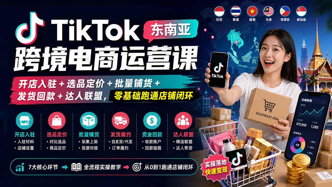 TikTok东南亚跨境电商运营课：开店入驻+选品定价+批量铺货+发货回款+达人联盟，零基础跑通店铺闭环网创项目-知识付费-在线课程-自媒体创业-网络副业-优利资源优利资源网