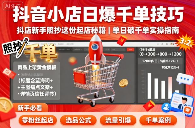 抖音小店日爆千单技巧，抖店新手照抄这份起店秘籍，单日破千单网创项目-知识付费-在线课程-自媒体创业-网络副业-优利资源优利资源网