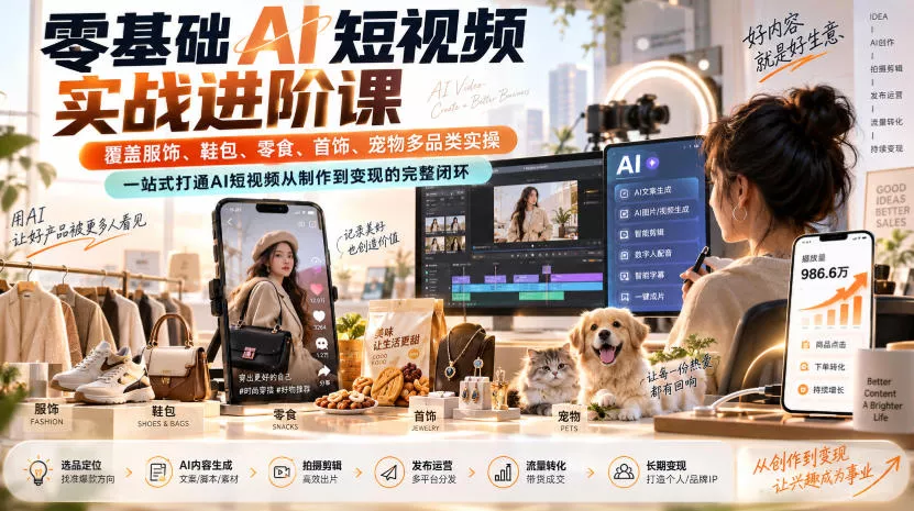 零基础AI短视频实战进阶课，覆盖服饰、鞋包、零食、首饰、宠物多品类实操，一站式打通AI短视频从制作到变现的完整闭环网创项目-知识付费-在线课程-自媒体创业-网络副业-优利资源优利资源网