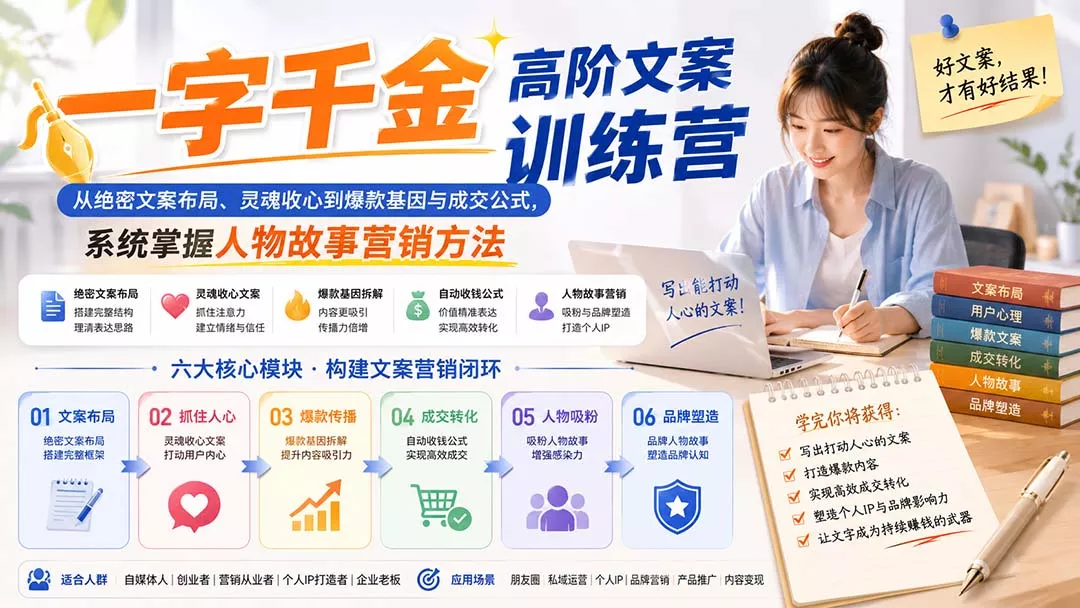 一字千金高阶文案训练营：从绝密文案布局、灵魂收心到爆款基因与成交公式，系统掌握人物故事营销方法网创项目-知识付费-在线课程-自媒体创业-网络副业-优利资源优利资源网