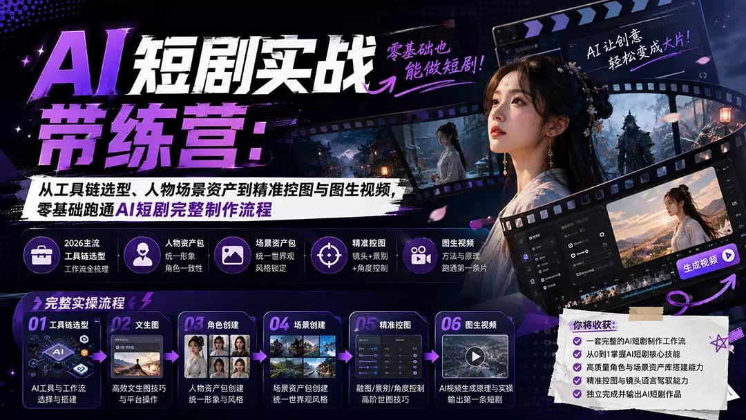 AI短剧实战训练营：从工具链选型、人物场景资产到精准控图与图生视频，零基础跑通AI短剧完整制作流程