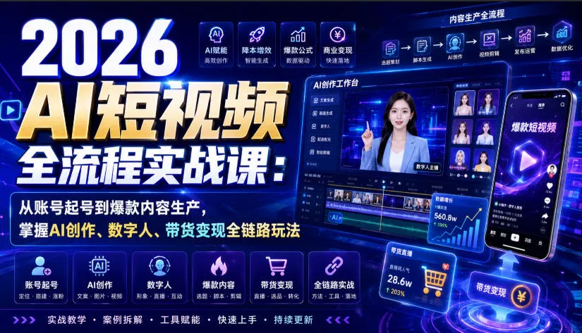 2026 AI短视频全流程实战课：从账号起号到爆款内容生产，掌握AI创作、数字人、带货变现全链路玩法网创项目-知识付费-在线课程-自媒体创业-网络副业-优利资源优利资源网