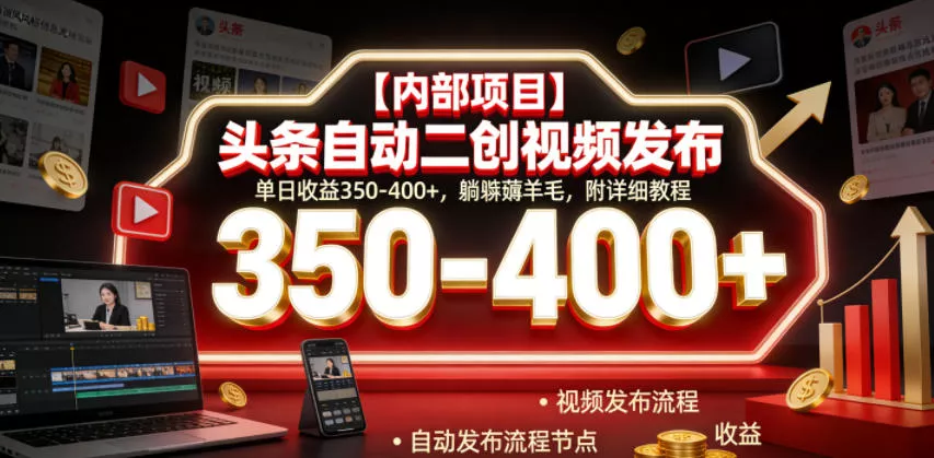 【内部项目】头条自动二创视频发布，单日收益350-400+，躺賺薅羊毛，附详细教程【揭秘】网创项目-知识付费-在线课程-自媒体创业-网络副业-优利资源优利资源网