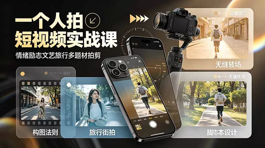 一个人拍短视频实战课：情绪励志文艺旅行多题材×五大景别×黄金构图×八大运镜，从拍摄到成片高效创作网创项目-知识付费-在线课程-自媒体创业-网络副业-优利资源优利资源网
