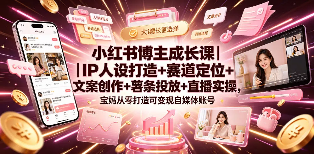 小红书博主成长课｜IP人设打造+赛道定位+文案创作+薯条投放+直播实操，宝妈从零打造可变现自媒体账号网创项目-知识付费-在线课程-自媒体创业-网络副业-优利资源优利资源网