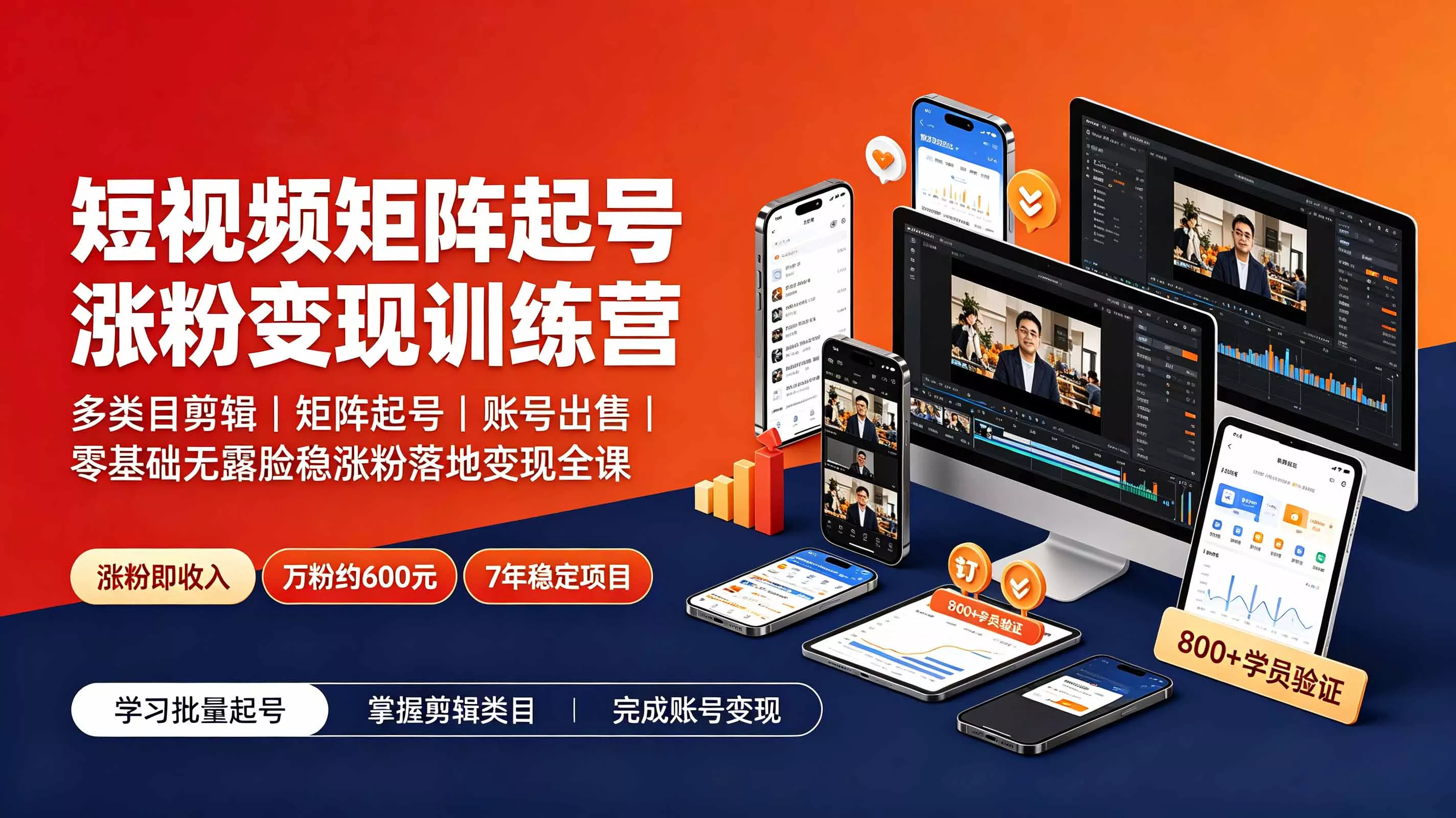 短视频矩阵起号涨粉变现训练营｜多类目剪辑·矩阵起号·账号出售，零基础无露脸稳涨粉落地变现全课网创项目-知识付费-在线课程-自媒体创业-网络副业-优利资源优利资源网