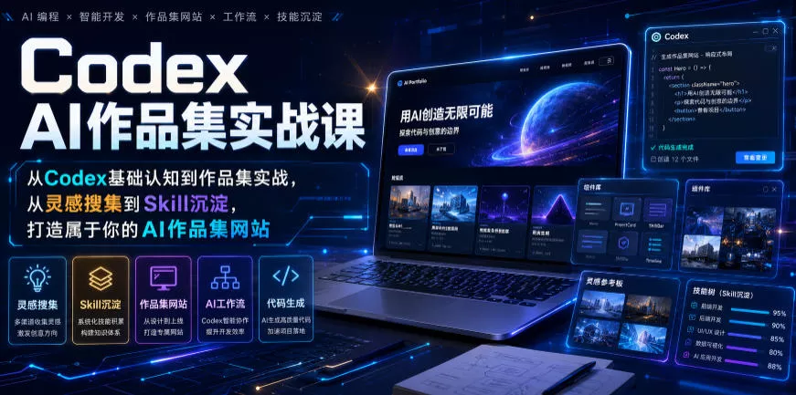 Codex AI作品集实战课，从Codex基础认知到作品集实战，从灵感搜集到Skill沉淀，打造属于你的AI作品集网站网创项目-知识付费-在线课程-自媒体创业-网络副业-优利资源优利资源网