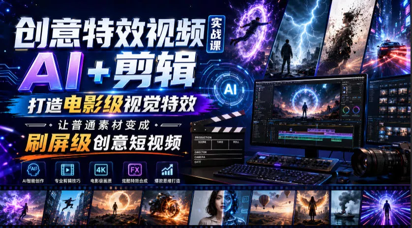 创意特效视频实战课，AI+剪辑打造电影级视觉特效，让普通素材变成刷屏级创意短视频网创项目-知识付费-在线课程-自媒体创业-网络副业-优利资源优利资源网