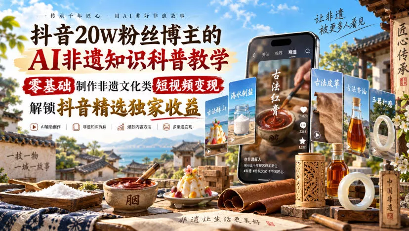 抖音20W粉丝博主的AI非遗知识科普教学，零基础制作非遗文化类短视频变现，解锁抖音精选独家收益网创项目-知识付费-在线课程-自媒体创业-网络副业-优利资源优利资源网