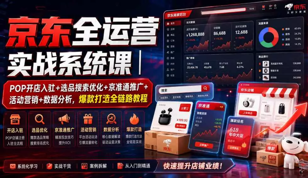 京东全运营实战系统课｜POP开店入驻+选品搜索优化+京准通推广+活动营销+数据分析，爆款打造全链路教程网创项目-知识付费-在线课程-自媒体创业-网络副业-优利资源优利资源网