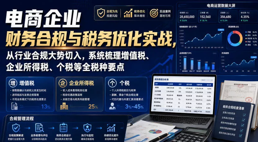 电商企业财务合规与税务优化实战，从行业合规大势切入，系统梳理增值税、企业所得税、个税等全税种要点网创项目-知识付费-在线课程-自媒体创业-网络副业-优利资源优利资源网