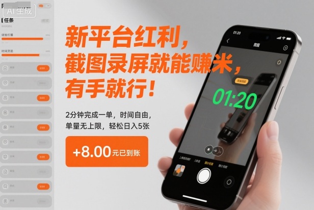 新平台红利，截图录屏就能賺米，有手就行！2分钟完成一单，时间自由，单量无上限，轻松日入5张【揭秘】网创项目-知识付费-在线课程-自媒体创业-网络副业-优利资源优利资源网