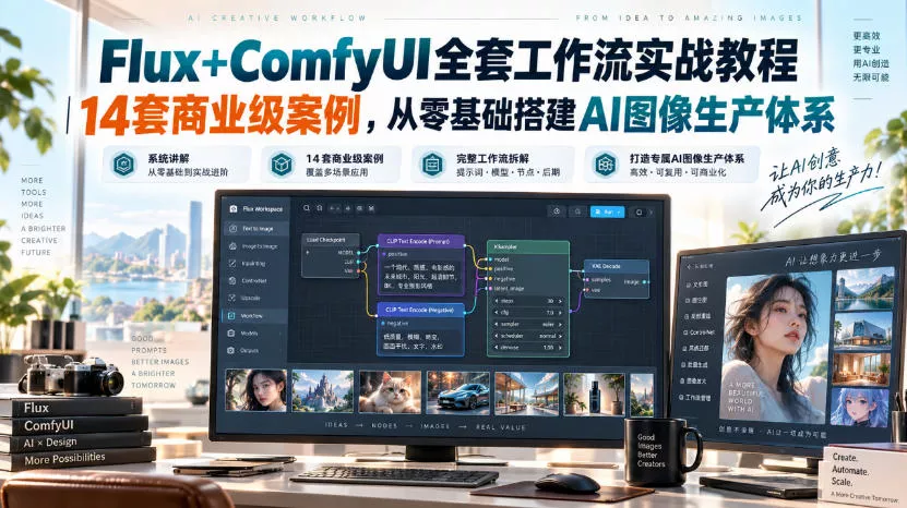 Flux+ComfyUI全套工作流实战教程｜14套商业级案例，从零基础搭建AI图像生产体系网创项目-知识付费-在线课程-自媒体创业-网络副业-优利资源优利资源网