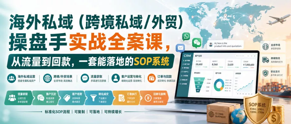 海外私域(跨境私域/外贸)操盘手实战全案课，从流量到回款，一套能落地的SOP系统网创项目-知识付费-在线课程-自媒体创业-网络副业-优利资源优利资源网