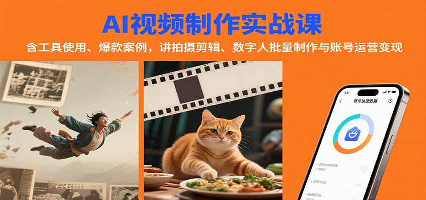 AI视频制作实战：含工具使用、爆款案例，讲拍摄剪辑、数字人批量制作与账号运营变现网创项目-知识付费-在线课程-自媒体创业-网络副业-优利资源优利资源网