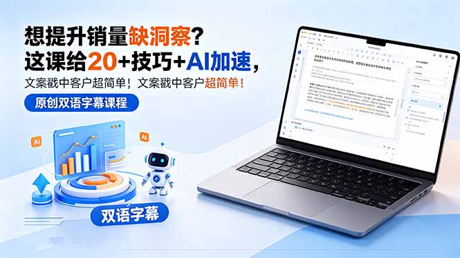想提升销量缺洞察？这课给 20 + 技巧 + AI 加速，文案戳中客户超简单！【原创双语字幕】网创项目-知识付费-在线课程-自媒体创业-网络副业-优利资源优利资源网
