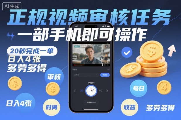 正规视频审核任务，一部手机即可操作，20秒完成一单，日入4张，多劳多得【揭秘】网创项目-知识付费-在线课程-自媒体创业-网络副业-优利资源优利资源网