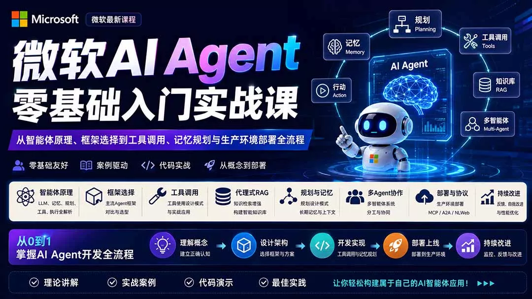 微软AI Agent零基础入门实战课：从智能体原理、框架选择到工具调用、记忆规划与生产环境部署全流程网创项目-知识付费-在线课程-自媒体创业-网络副业-优利资源优利资源网
