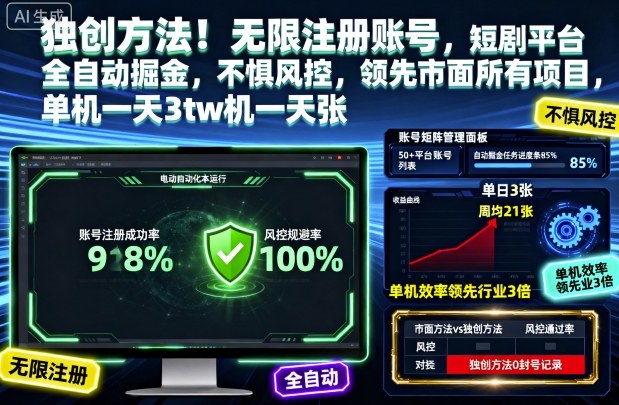 独创方法！无限注册账号，短剧平台全自动掘金，不惧风控，领先市面所有项目，单机一天3张【揭秘】网创项目-知识付费-在线课程-自媒体创业-网络副业-优利资源优利资源网