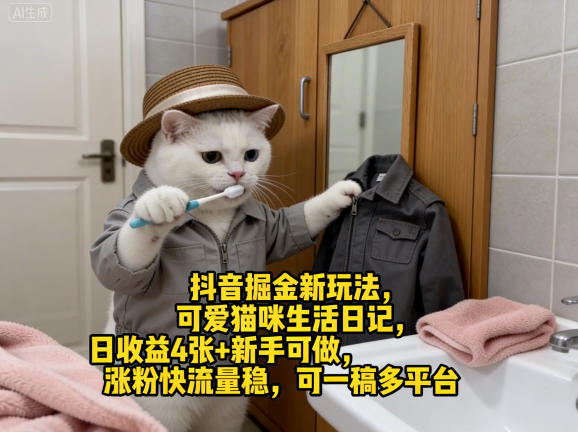 抖音掘金新玩法，可爱猫咪生活日记，日收益4张+新手可做，涨粉快流量稳，可一稿多平台网创项目-知识付费-在线课程-自媒体创业-网络副业-优利资源优利资源网