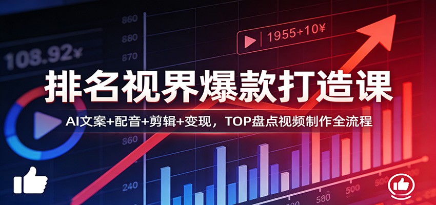 排名视界爆款打造课：AI文案+配音+剪辑+变现，TOP盘点视频制作全流程网创项目-知识付费-在线课程-自媒体创业-网络副业-优利资源优利资源网