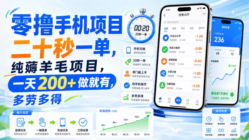 零撸手机项目，二十秒一单，纯薅羊毛项目，一天200+做就有，多劳多得【揭秘】网创项目-知识付费-在线课程-自媒体创业-网络副业-优利资源优利资源网