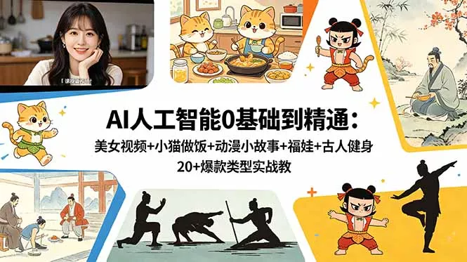 AI人工智能0基础到精通：美女视频+小猫做饭+动漫小故事+福娃+古人健身，20+爆款类型实战教学网创项目-知识付费-在线课程-自媒体创业-网络副业-优利资源优利资源网