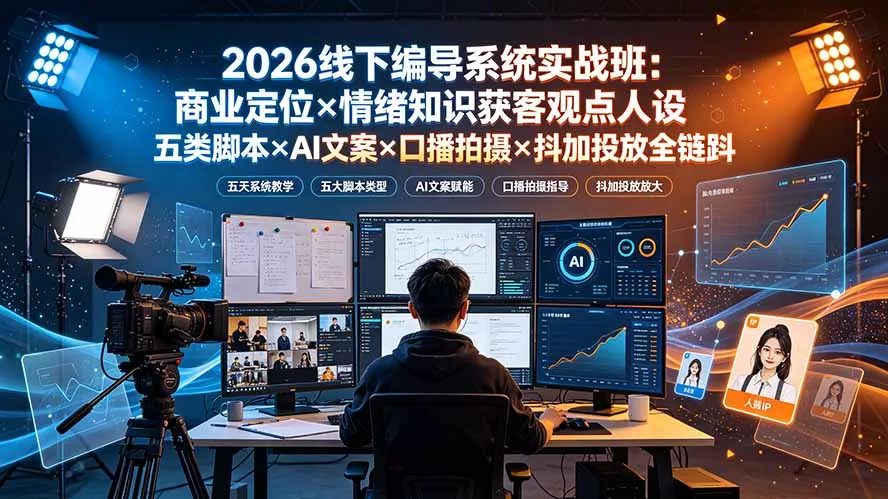 2026线下编导系统实战班：商业定位×情绪知识获客观点人设五类脚本×AI文案×口播拍摄×抖加投放全链路网创项目-知识付费-在线课程-自媒体创业-网络副业-优利资源优利资源网