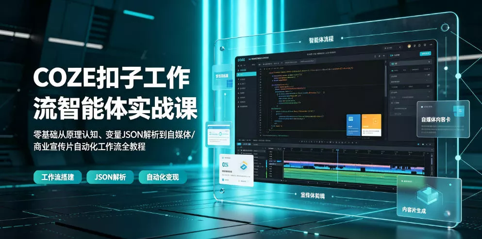 COZE扣子工作流智能体实战课｜零基础从原理认知、变量JSON解析到自媒体/商业宣传片自动化工作流全教程网创项目-知识付费-在线课程-自媒体创业-网络副业-优利资源优利资源网