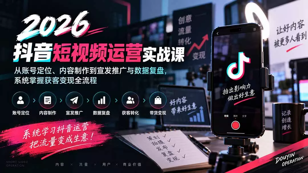 2026抖音短视频运营实战课：从账号定位、内容制作到宣发推广与数据复盘，系统掌握获客变现全流程网创项目-知识付费-在线课程-自媒体创业-网络副业-优利资源优利资源网
