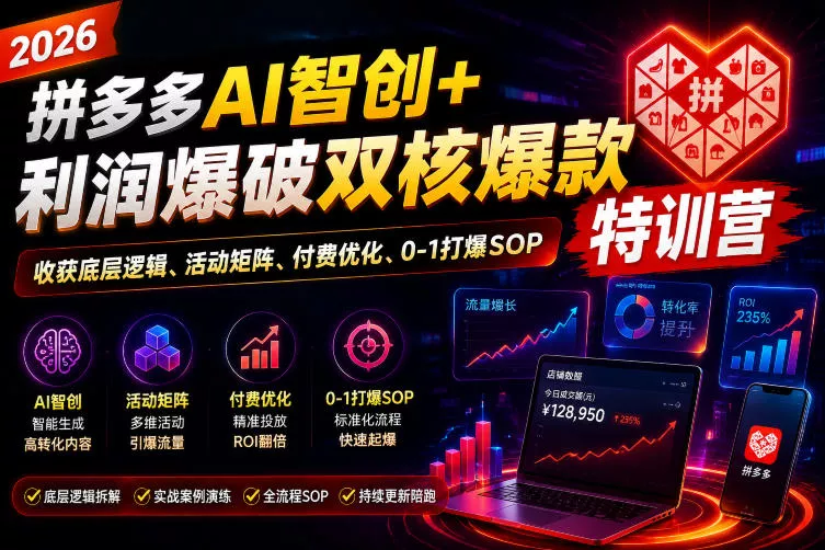 2026拼多多AI智创+利润爆破双核爆款特训营，收获底层逻辑、活动矩阵、付费优化、0-1打爆SOP网创项目-知识付费-在线课程-自媒体创业-网络副业-优利资源优利资源网