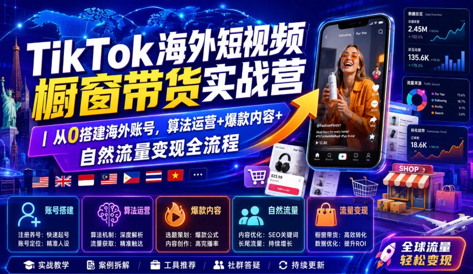 TikTok海外短视频橱窗带货实战营｜从0搭建海外账号，算法运营+爆款内容+自然流量变现全流程网创项目-知识付费-在线课程-自媒体创业-网络副业-优利资源优利资源网