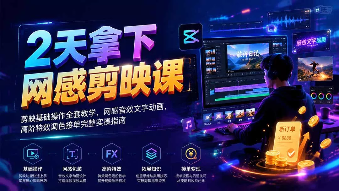 2天拿下网感剪辑课｜剪映基础操作全套教学，网感音效文字动画，高阶特效调色接单完整实操指南网创项目-知识付费-在线课程-自媒体创业-网络副业-优利资源优利资源网