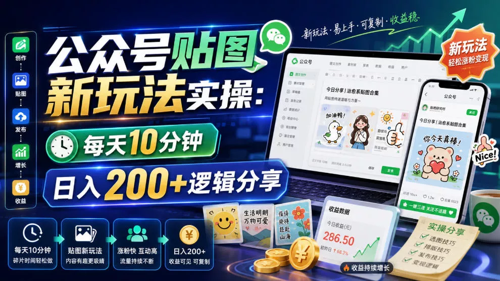 公众号贴图新玩法实操，每天10分钟，日入200+逻辑分享网创项目-知识付费-在线课程-自媒体创业-网络副业-优利资源优利资源网