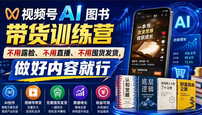 视频号AI图书带货训练营，不用露脸、不用直播、不用囤货发货，做好内容就行，一条爆款视频佣金8942网创项目-知识付费-在线课程-自媒体创业-网络副业-优利资源优利资源网