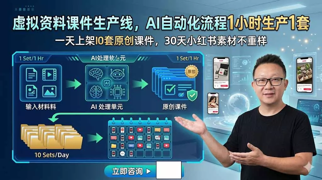 虚拟资料课件生产线，AI自动化流程1小时生产1套，一天上架10套原创课件，30天小红书素材不重样网创项目-知识付费-在线课程-自媒体创业-网络副业-优利资源优利资源网