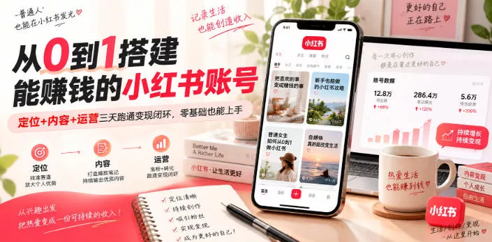 从0到1搭建能賺钱的小红书账号，定位+内容+运营三天跑通变现闭环网创项目-知识付费-在线课程-自媒体创业-网络副业-优利资源优利资源网
