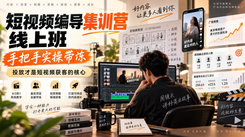 短视频编导集训营线上班，手把手实操带冻，投放才是短视频获客的核心网创项目-知识付费-在线课程-自媒体创业-网络副业-优利资源优利资源网