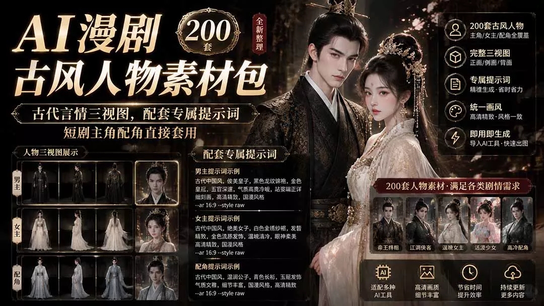 AI漫剧古风人物素材包+提示词｜200 套古代言情三视图，配套专属提示词短剧主角配角直接套用网创项目-知识付费-在线课程-自媒体创业-网络副业-优利资源优利资源网