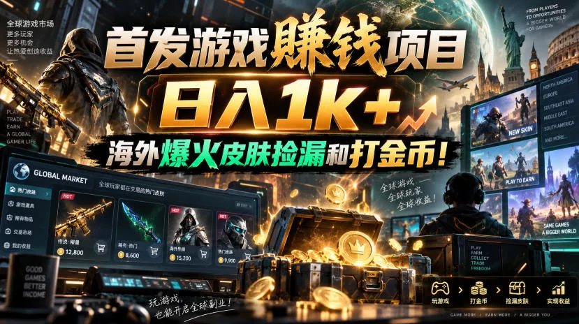 首发游戏賺钱项目，日入1k+，海外爆火皮肤捡漏和打金币！【揭秘】网创项目-知识付费-在线课程-自媒体创业-网络副业-优利资源优利资源网