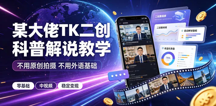 某大佬TK二创科普解说教学，不用原创拍摄不用外语基础，零基础做TikTok中视频稳定变现网创项目-知识付费-在线课程-自媒体创业-网络副业-优利资源优利资源网