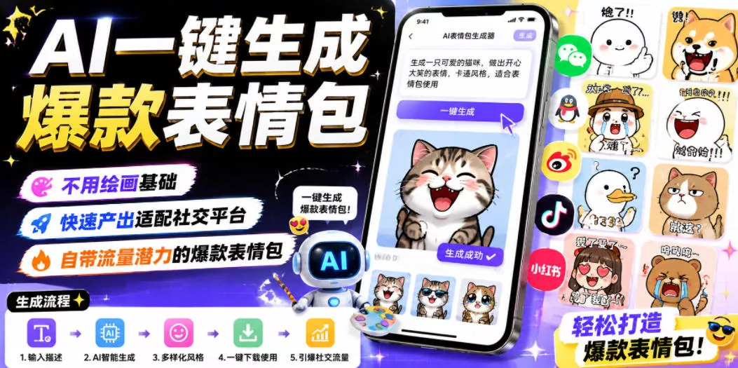 AI一键生成爆款表情包，不用绘画基础，快速产出适配社交平台，自带流量潜力的爆款表情包网创项目-知识付费-在线课程-自媒体创业-网络副业-优利资源优利资源网