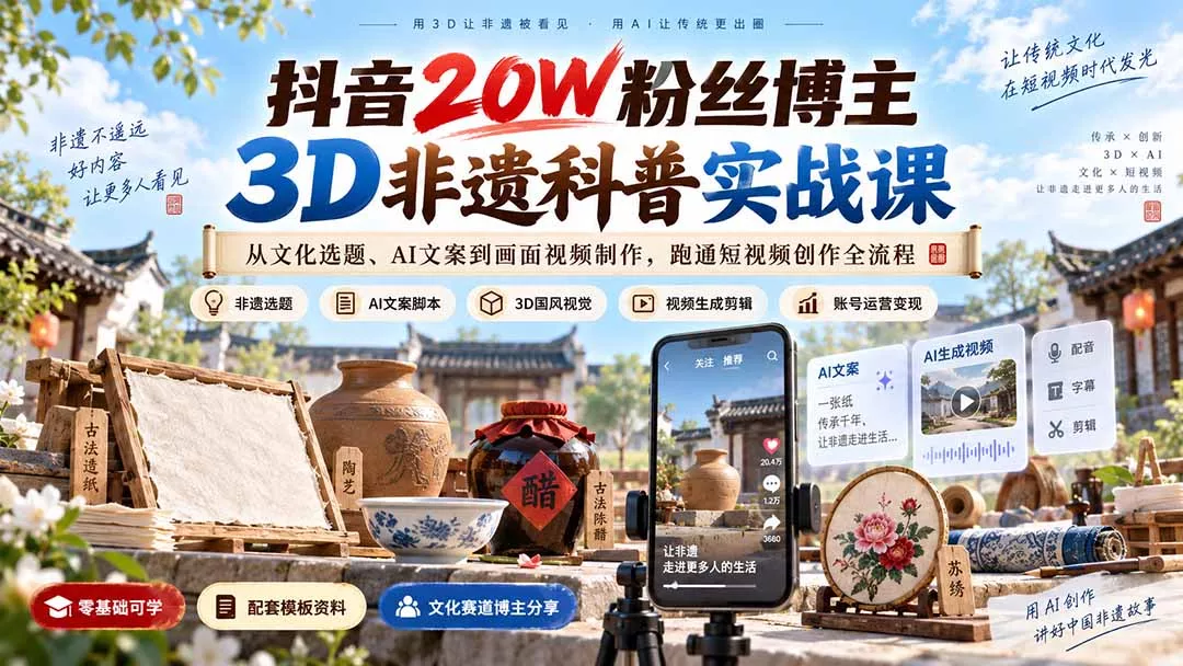 抖音20W粉丝博主3D非遗科普实战课：从文化选题、AI文案到画面视频制作，跑通短视频创作全流程网创项目-知识付费-在线课程-自媒体创业-网络副业-优利资源优利资源网