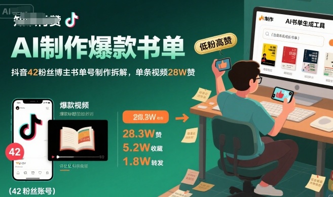 AI制作爆款书单，抖音42粉丝博主书单号制作拆解，单条视频28W赞网创项目-知识付费-在线课程-自媒体创业-网络副业-优利资源优利资源网