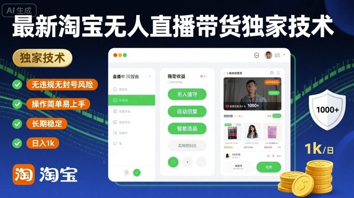 最新淘宝无人直播带货独家技术，无违规无封号风险，操作简单易上手，长期稳定日入1k【揭秘】网创项目-知识付费-在线课程-自媒体创业-网络副业-优利资源优利资源网