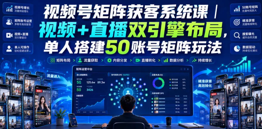 视频号矩阵获客系统课|视频+直播双引擎布局,单人搭建50账号矩阵玩法,流量入池、搜索占位、全域引流沉淀私域全流程教学 视频号矩阵获客系统课|视频+直播双引擎布局,单人搭建50账号矩阵玩法,流量入池、搜索占位、全域引流沉淀私域全流程教学