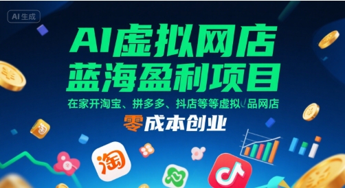 AI虚拟网店蓝海盈利项目，在家开淘宝、拼多多、抖店等虚拟品网店，零成本创业网创项目-知识付费-在线课程-自媒体创业-网络副业-优利资源优利资源网